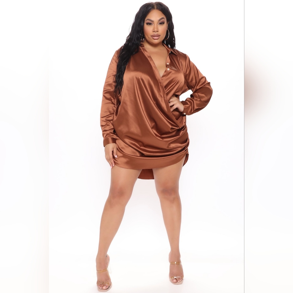 Fashion Nova Brown Asymmetrical Wrap Dress with Cuffed Sleeves